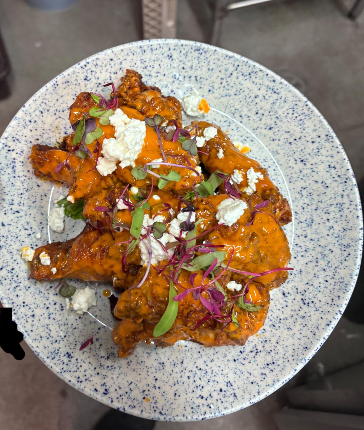 Lemon Pepper Chicken Wings, Feta, Microgreens