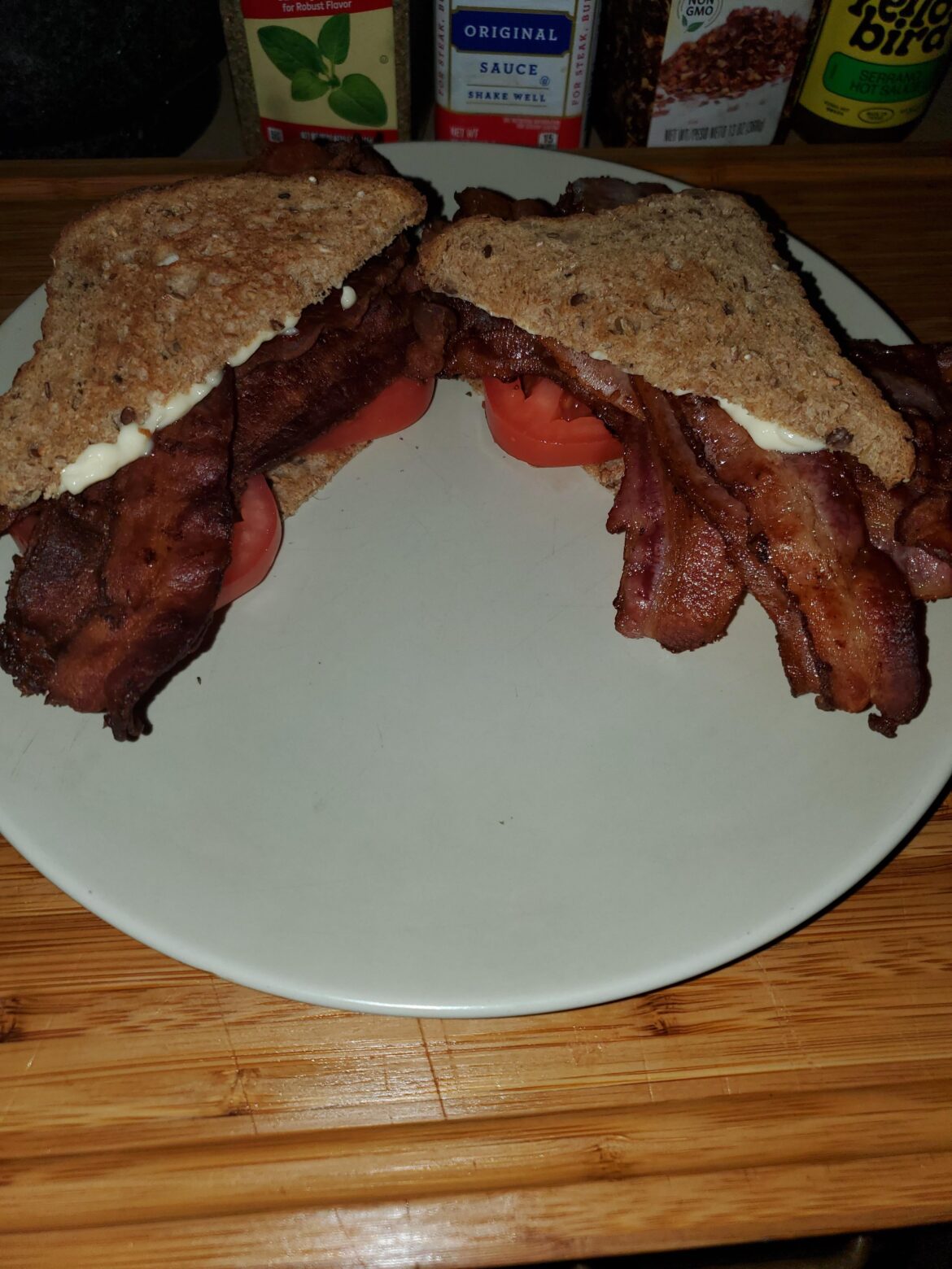 Full pack of bacon(air fried) with Roma tomatoes and mayo on Dave's bread