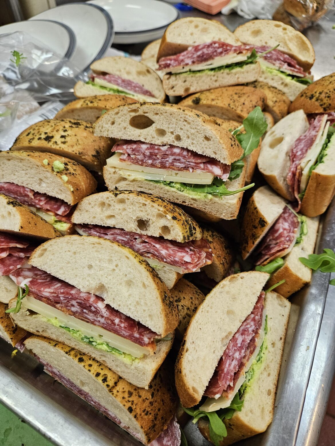 Hard cider salami from A Small Good (Maine), Fiddlehead Tomme (Boggy Meadow, NH), favs bean puree, on focaccia.
