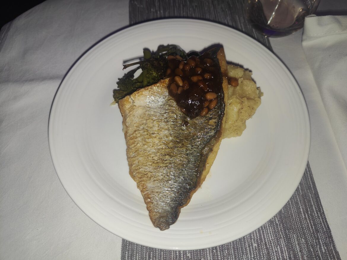 Fish main course on board Virgin Atlantic Airways