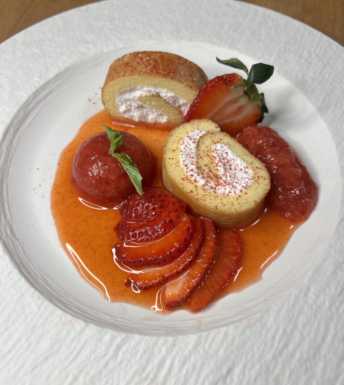 Hokkaido Cream Roll, Strawberry Powder, Purée, Sorbet, Vanilla Bean Sauce, Basil