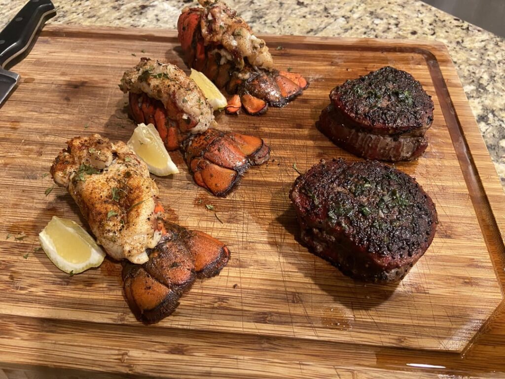[homemade] smoked then seared filet with some lobster tail