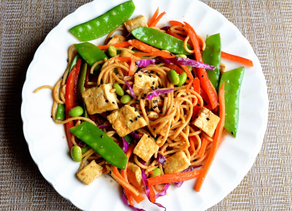(328 cal, 21 P) Sesame ginger miso cold noodle salad