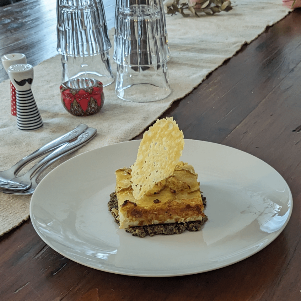 Tortilla de Patata with Olive Paste and Cheese Crisp