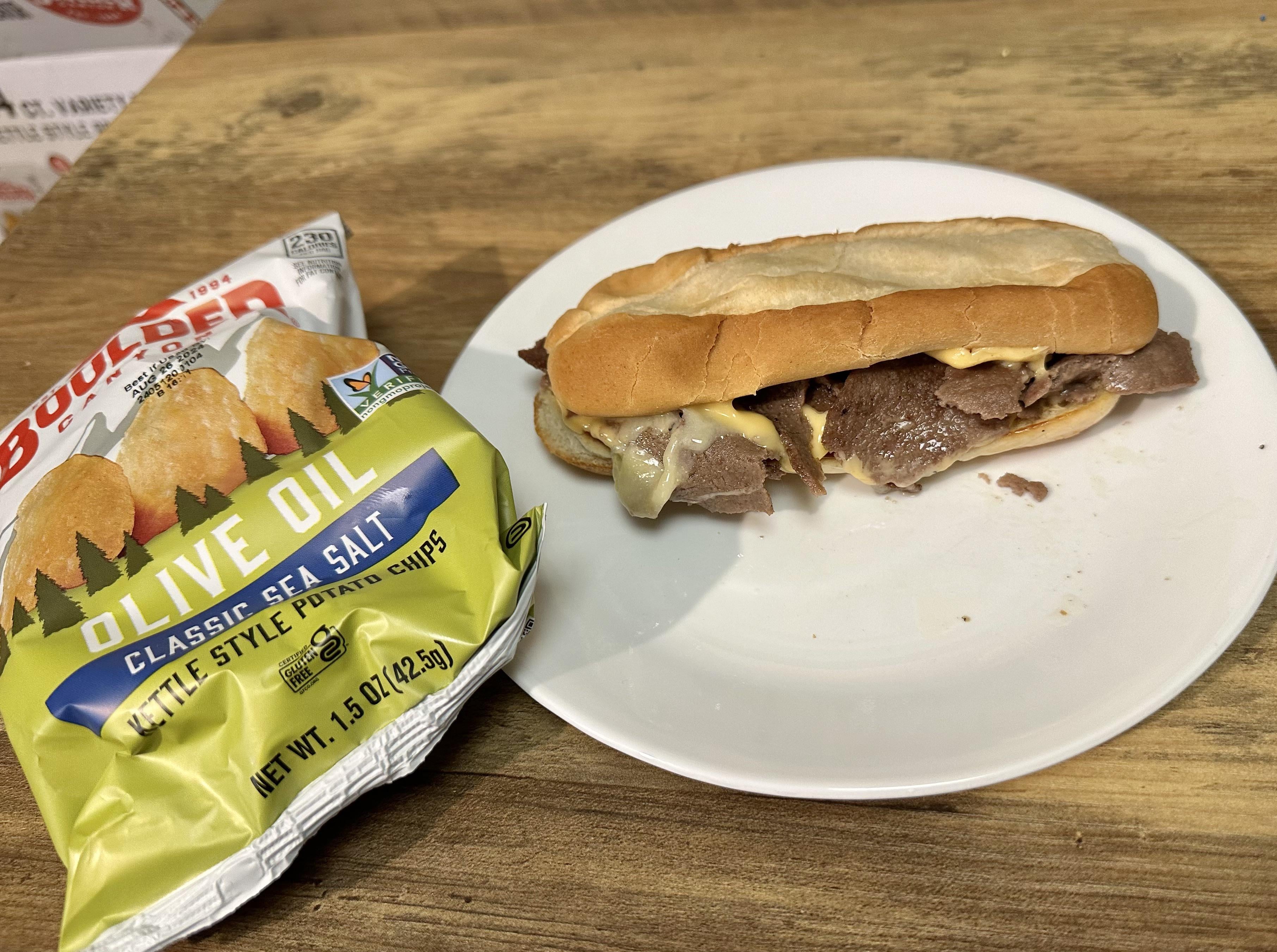 Poor man’s Philly Cheesesteak Steak Ums, Kraft singles and a roll