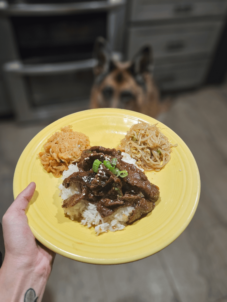 Beef Bulgogi, Kimchi, Bean Sprout Salad