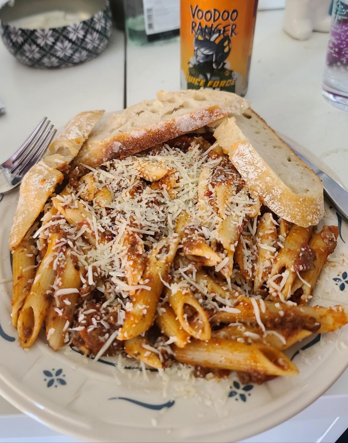 Spaghetti, Ziti noodle with my wifes homemade sauce, and skices of her homeade sourdough bread.