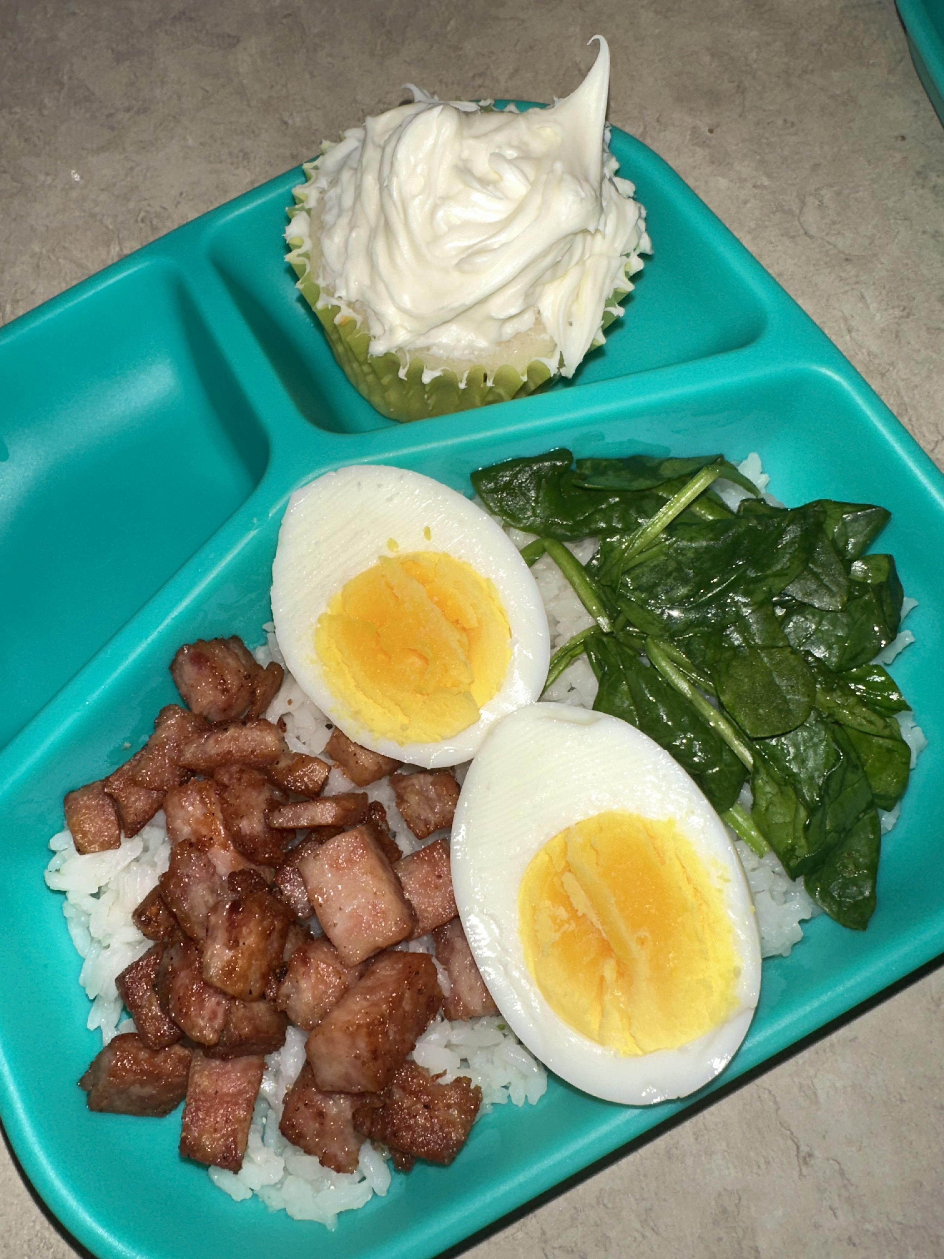 spam egg white rice and spinach - Dining and Cooking