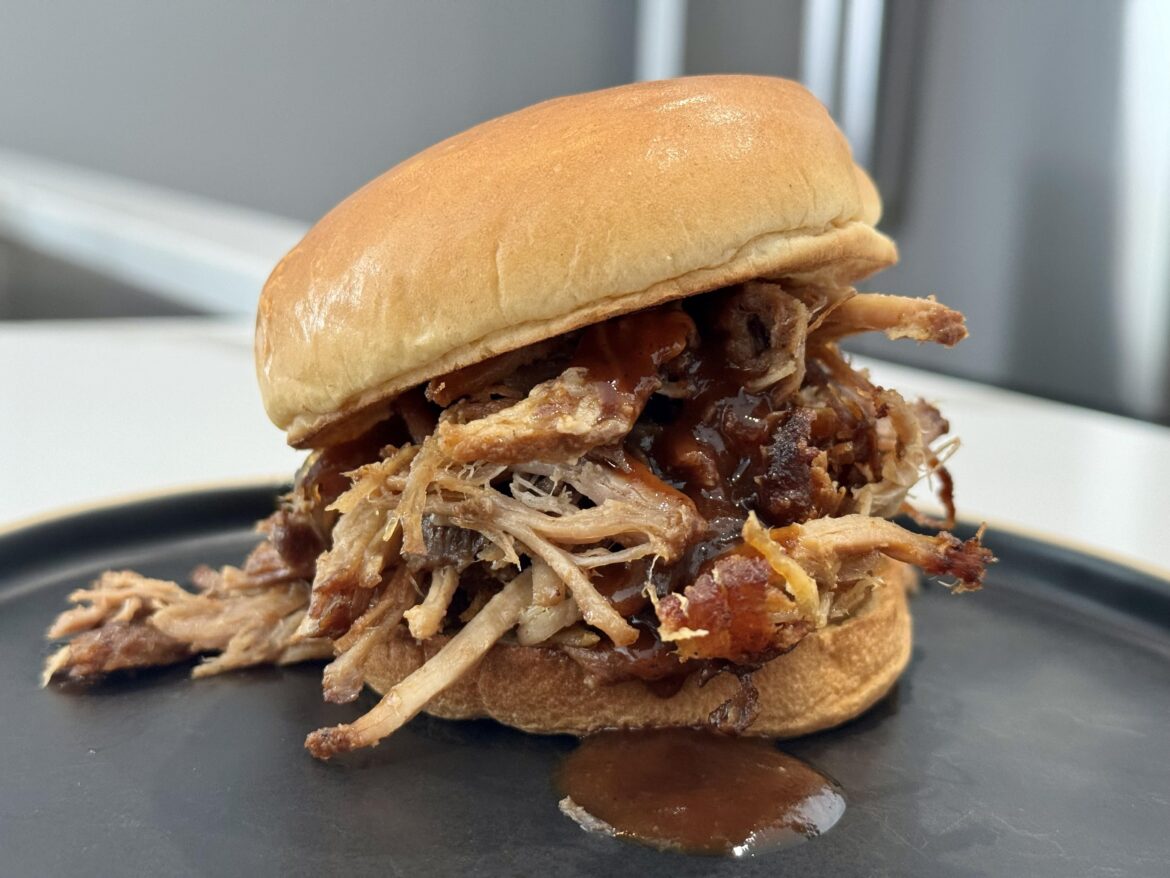 Oven roasted pork on toasted brioche bun