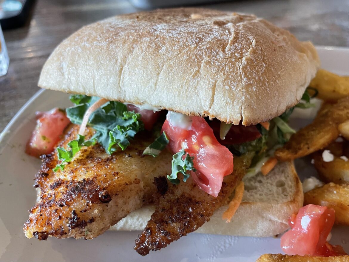Fish sandwich with slaw, pesto, and garlic dill aioli on ciabatta