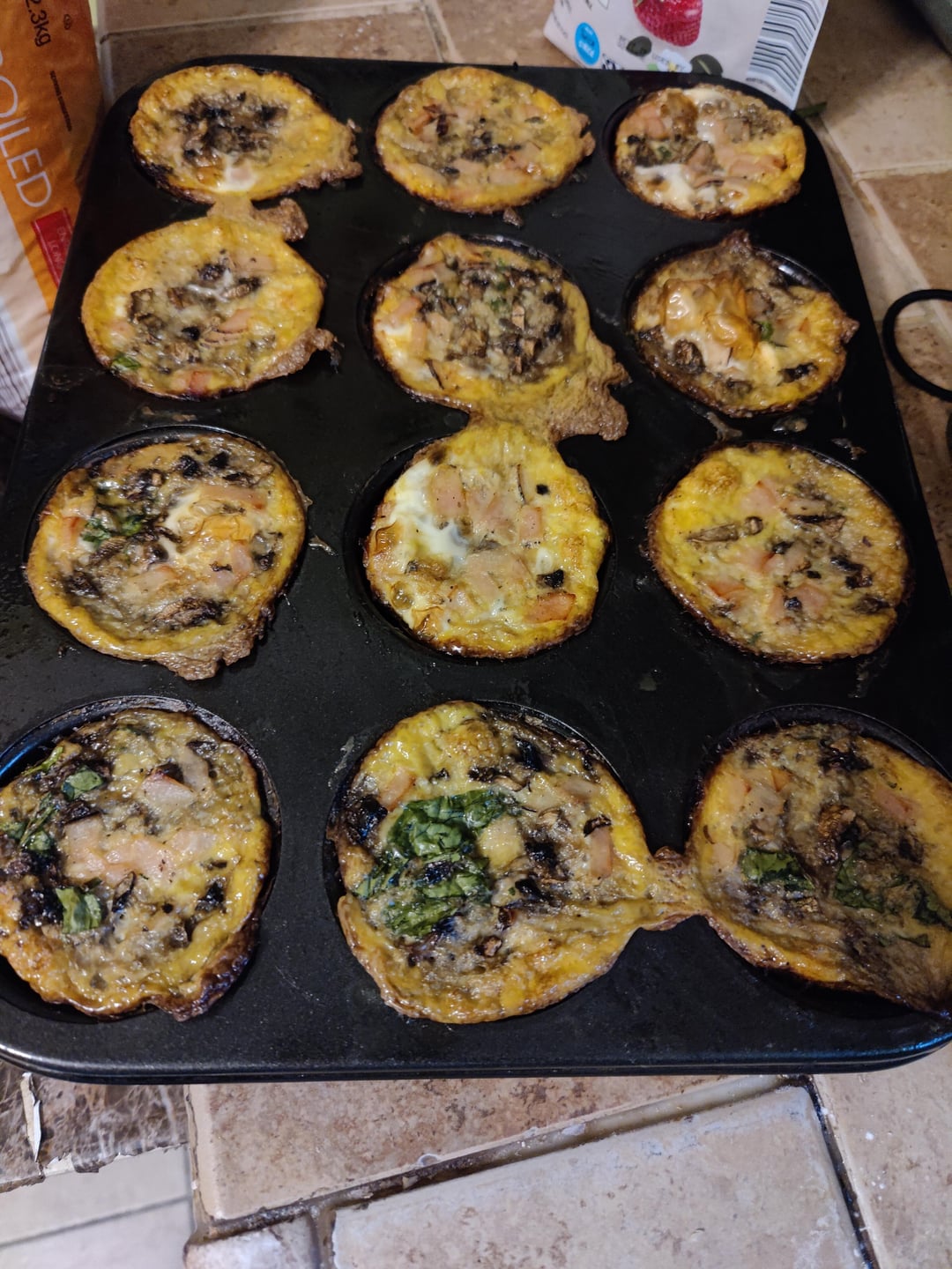 Mushroom, spinach, and ham egg bites for breakfast. Cashew Chicken with
