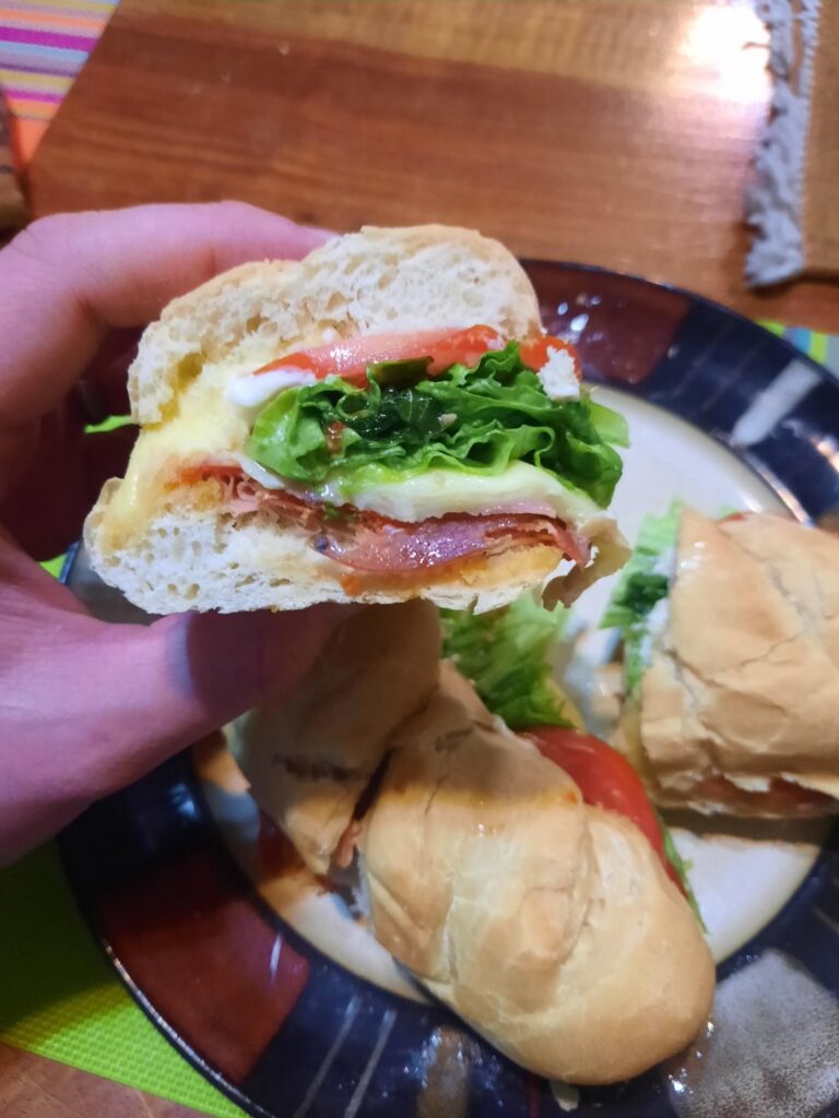 Mortadella, salami, sopressattaa, mozzarella, lettuce, tomato, Italian dressing and mayo.