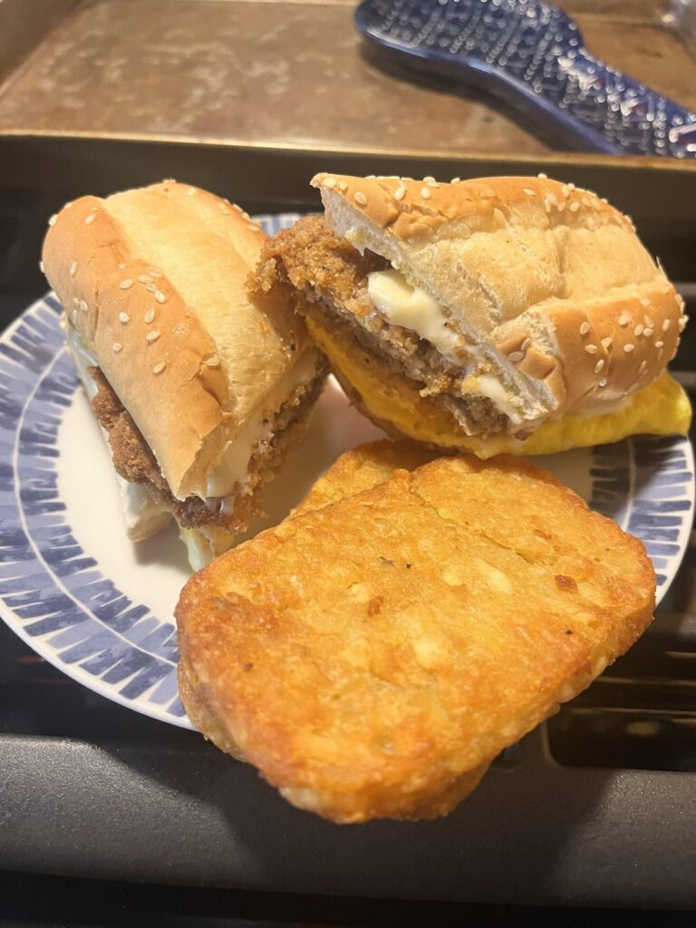 Country Fried Steak, egg & cheese sandwich