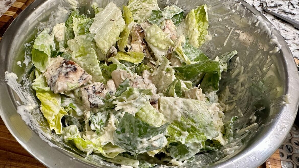 Chicken Caesar salad, with homemade Caesar dressing.