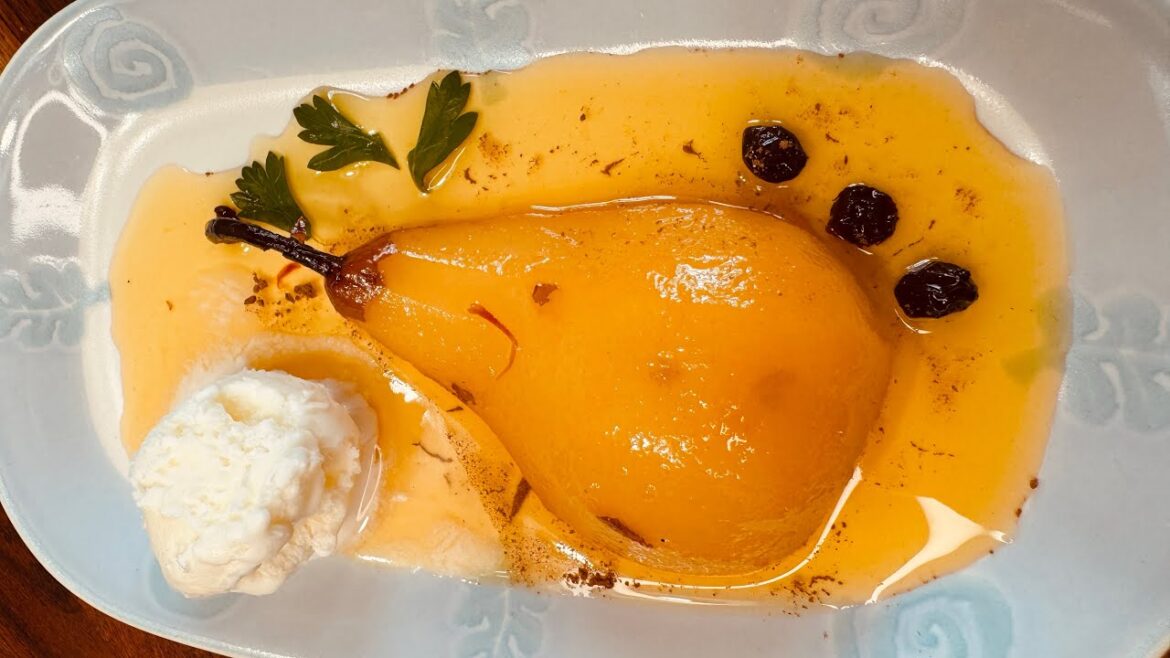 Poached Bosc Pear in Plum Wine