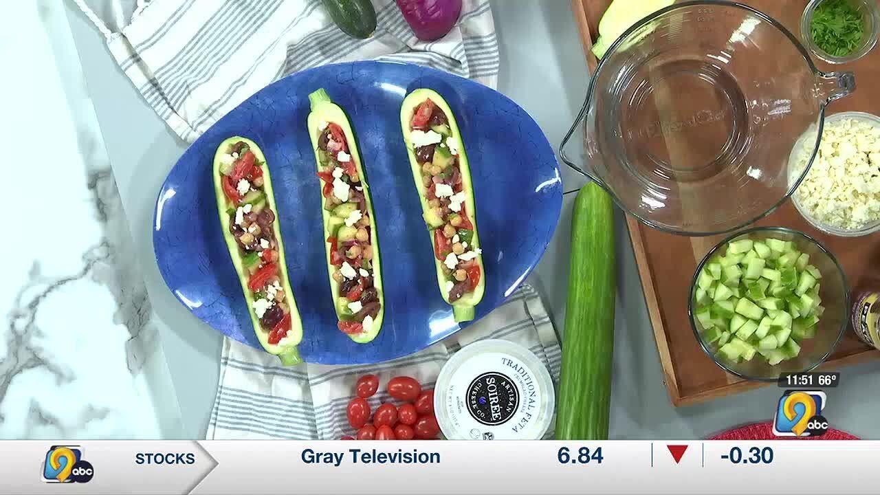 HyVee dietitian Making grilled zucchini boats with Greek salad