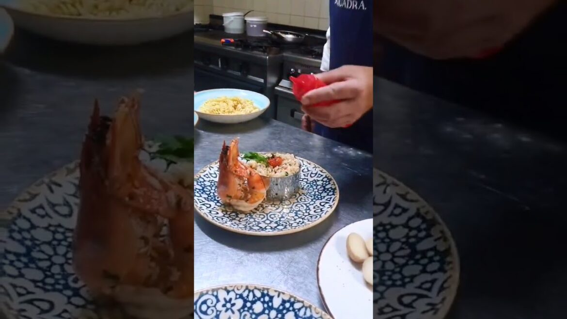 risotto with the royal red prawn. ريزوتو مع الجمبري الأحمر الملكي