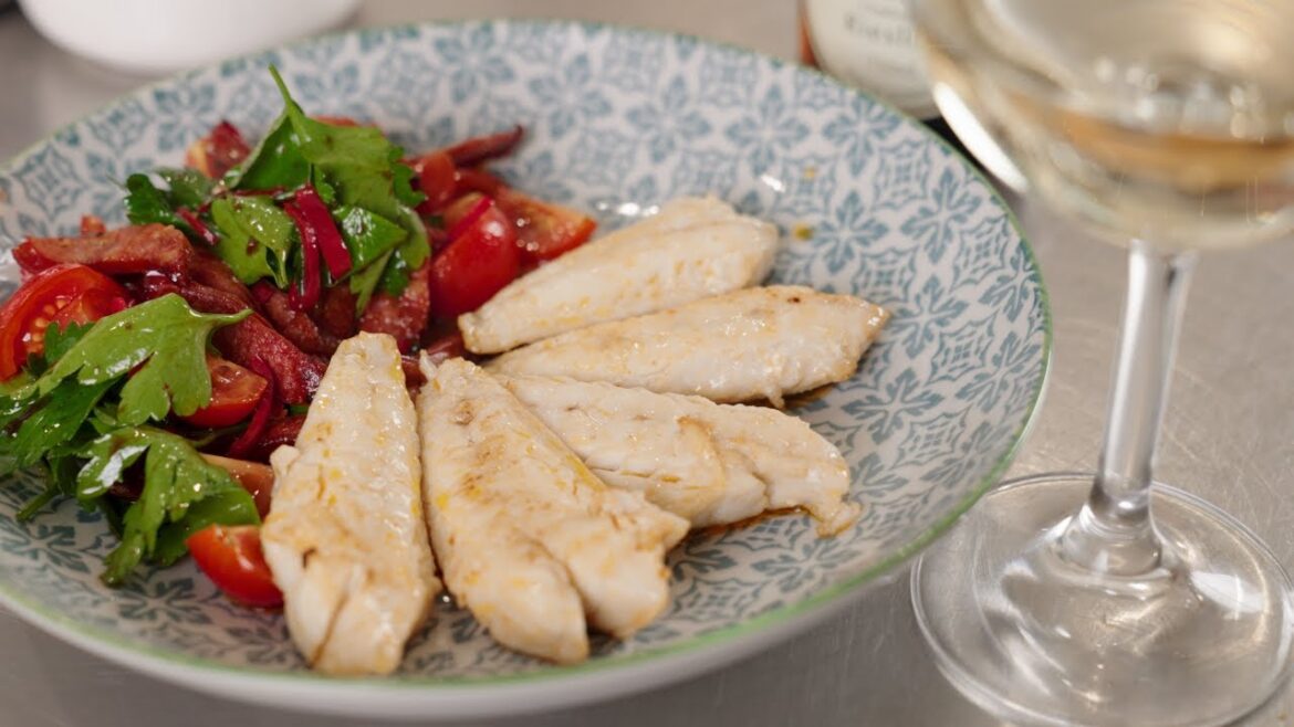 A WARM SALAD OF FLATHEAD, CHORIZO & POMEGRANATE DRESSING A WARM SALAD OF FLATHEAD, CHORIZO & POMEGRANATE DRESSING