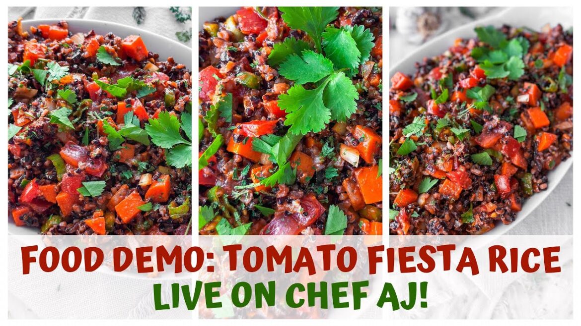 Making raw vegan BLOOMED TOMATO FIESTA RICE on Chef AJ Live Making raw vegan BLOOMED TOMATO FIESTA RICE on Chef AJ Live