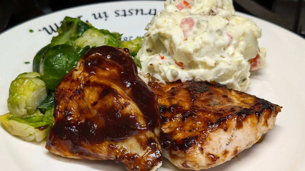 grilled BBQ chicken potato salad and brussel sprouts join us
