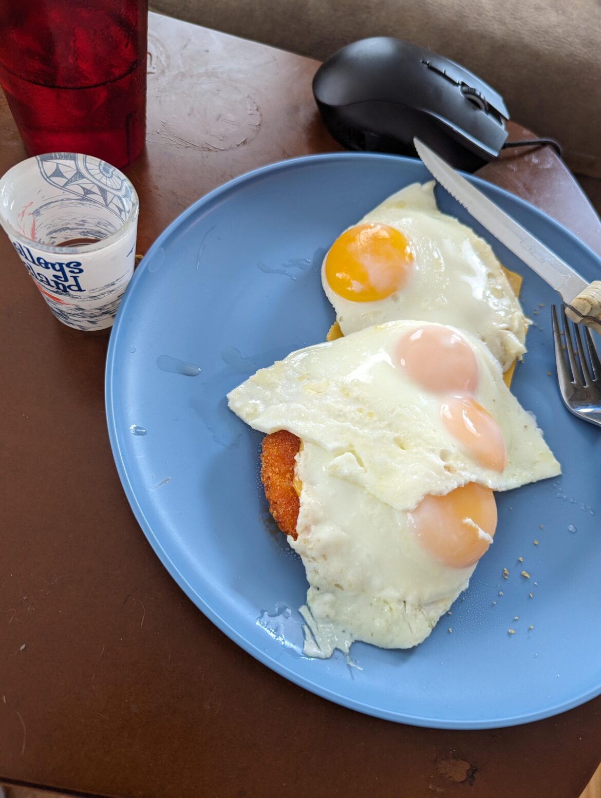 Morning Star Chicken patties with sharp American and egg with Tito's