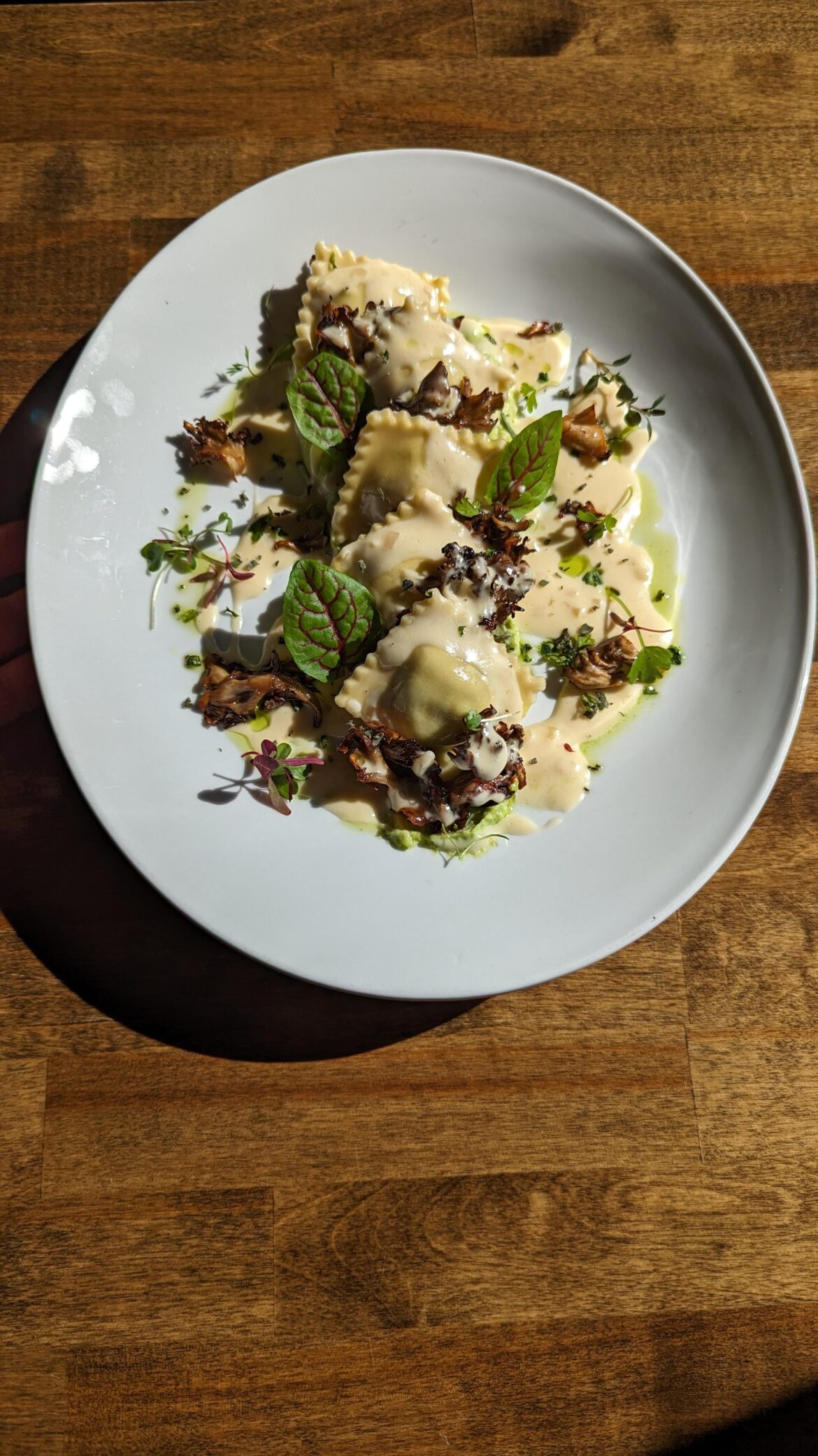 Pea Ravioli/Soy Roasted Maitake/Pea+Goat Cheese Puree/Cooper Béchamel/Emerald Oil
