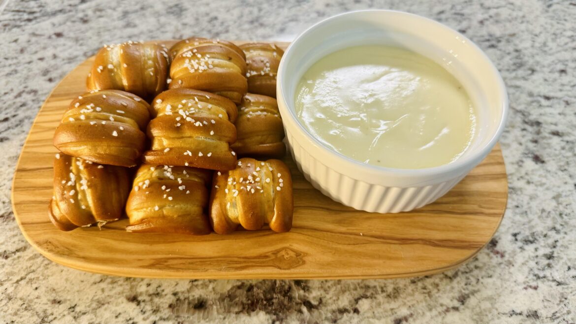 Salted Pretzel Bites with White Cheddar Sauce