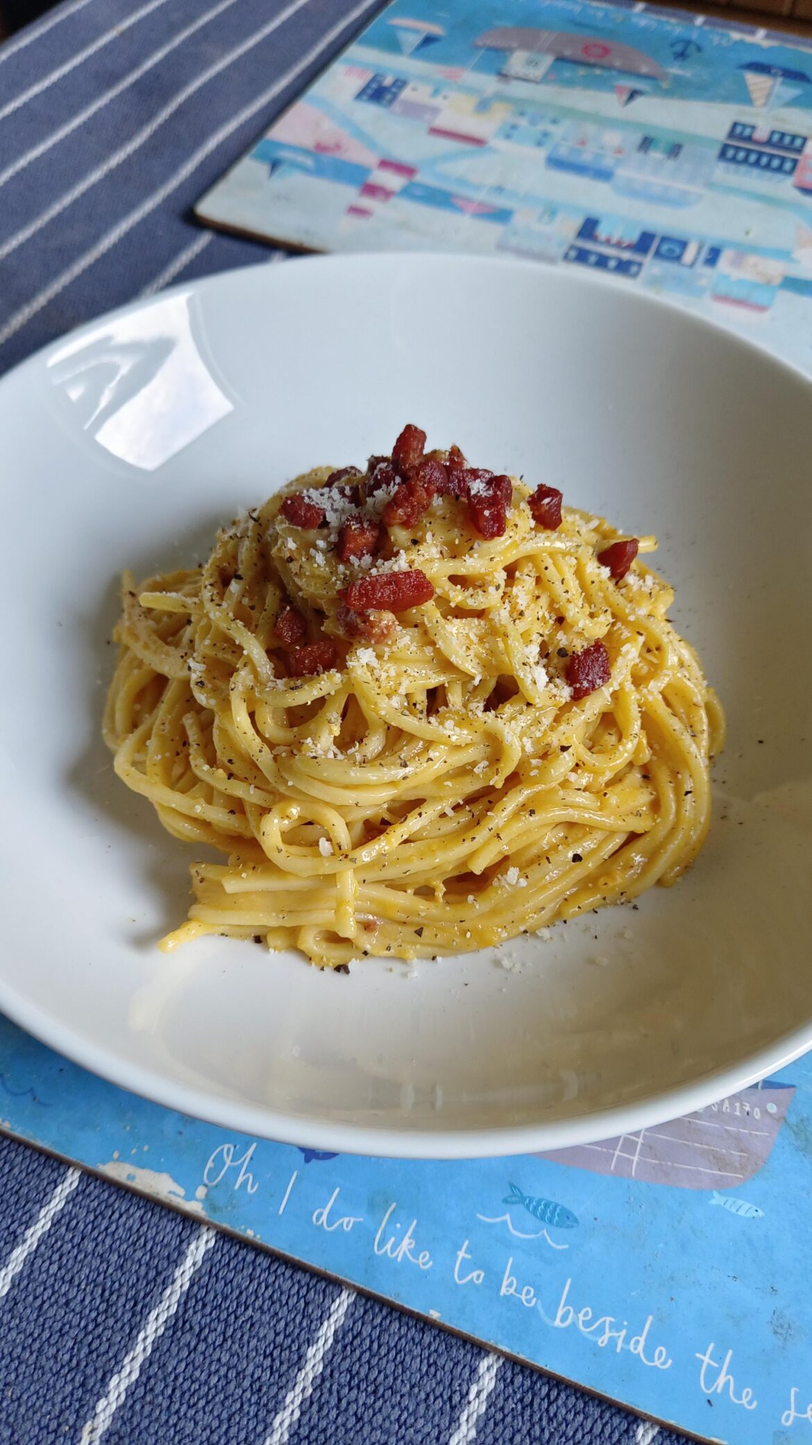 Spaghetti Carbonara with Pecorino Romano and Pancetta (Guanciale is hard to find)