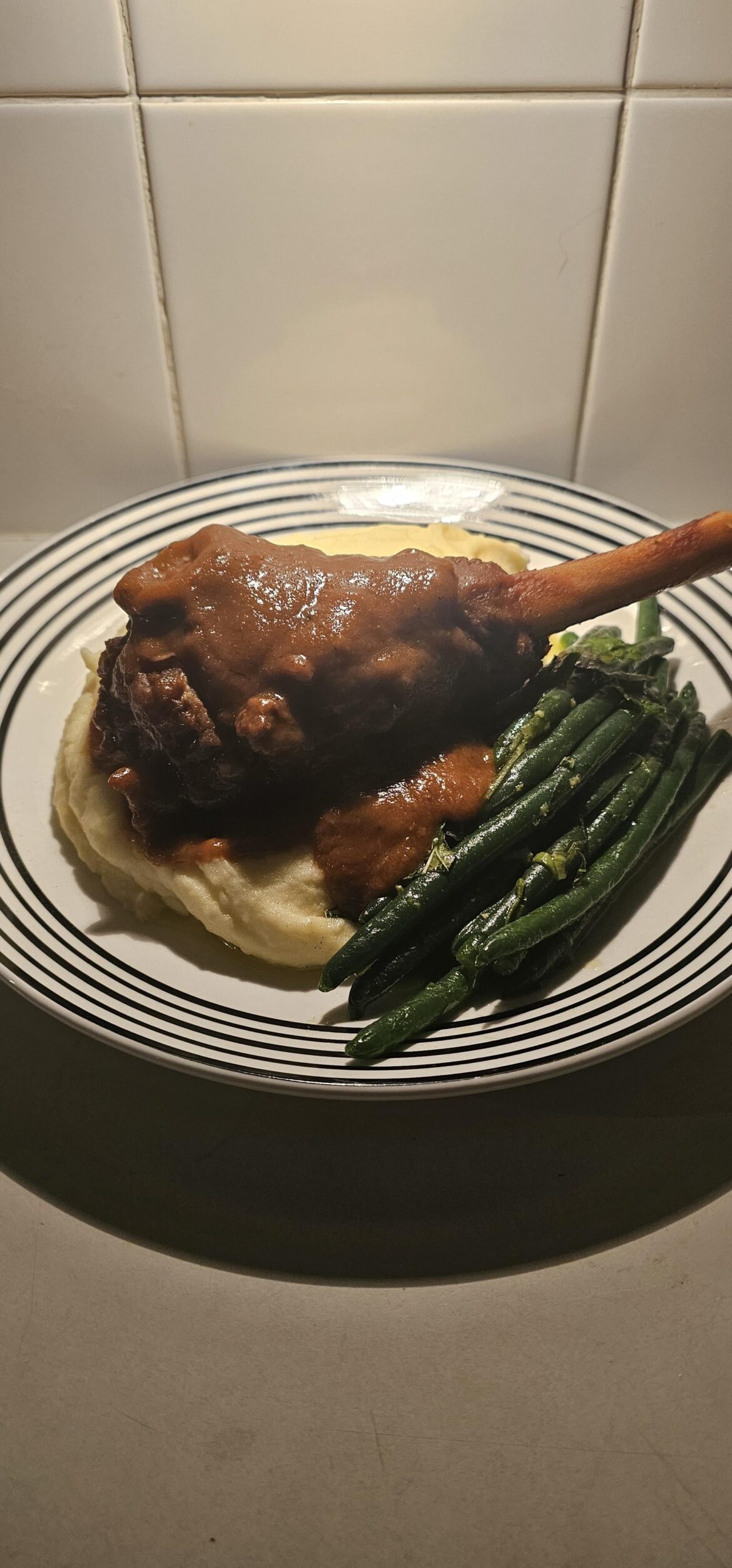Lamb shanks with mash and lemon mint greenbeans.