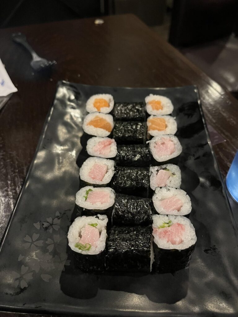 Yellowtail scallion, tuna, salmon, salmon avocado maki