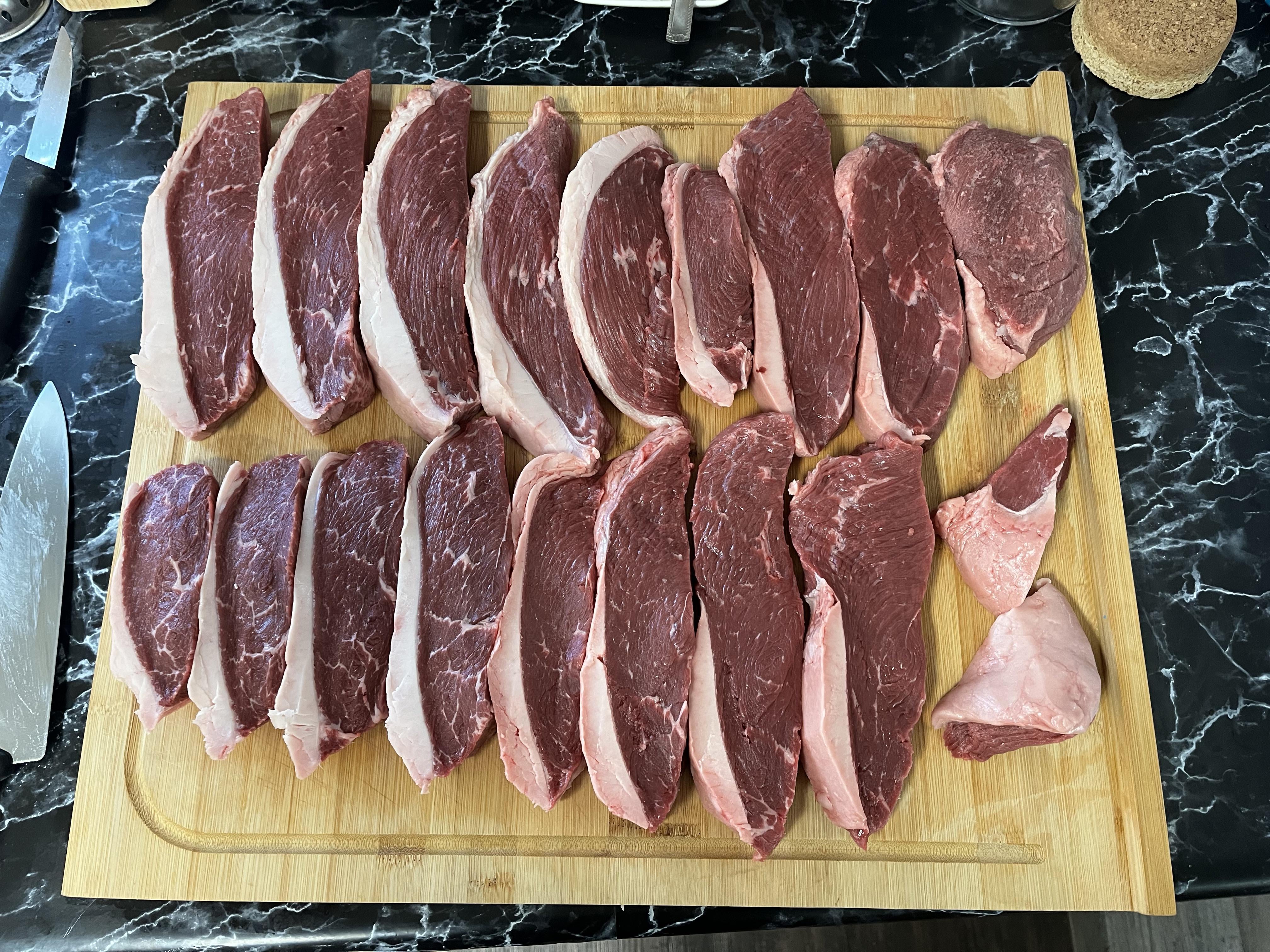 Two Costco top sirloin roasts for 76 = 17 steaks. How’d I do? Dining