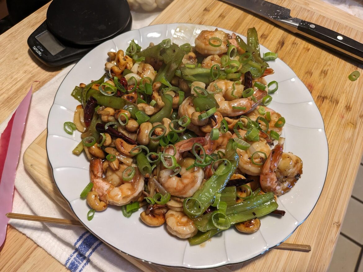 Kung Pao Shrimp from The Wok (with extra green peppers and spring onion greens)!