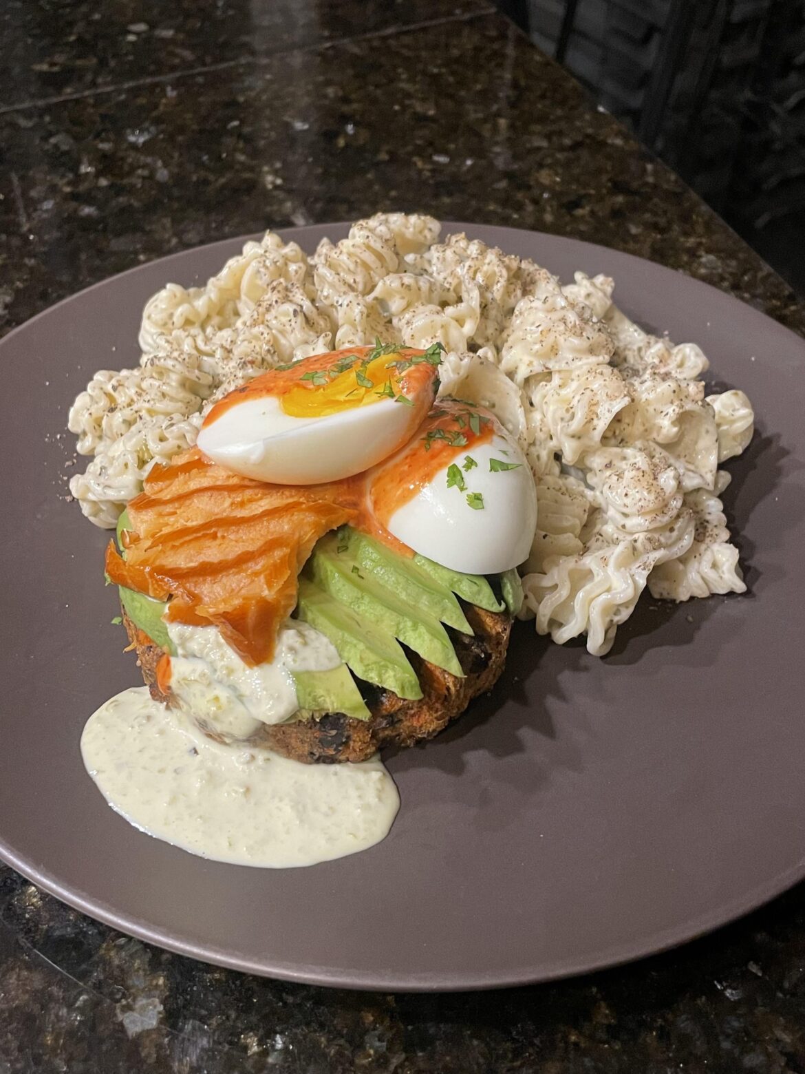 Grilled beans, smoked salmon, chili aiolis, radiatori alfredo