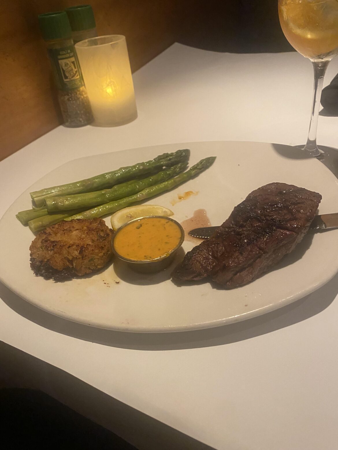 Steak asparagus crab cake