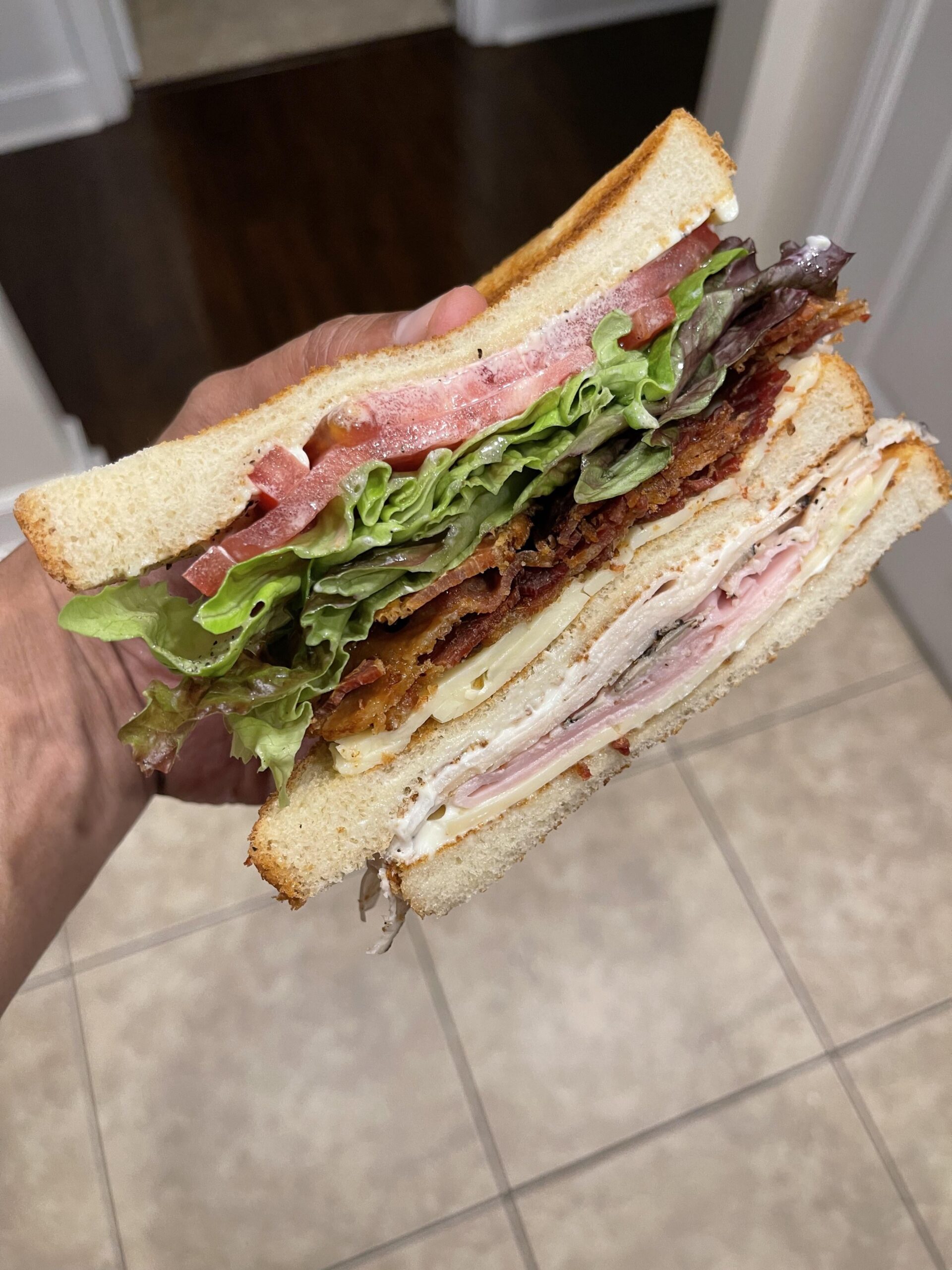 Club sandwich with thick cut apple wood bacon, Boars head SmokeMaster 