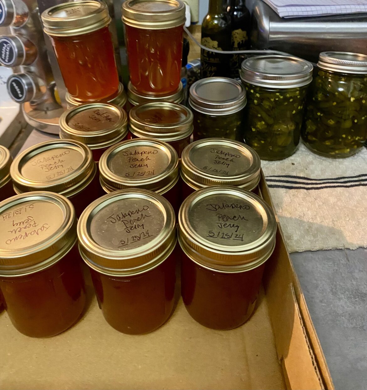 Jalapeño peach jelly, red pepper jelly, and candied jalapeños