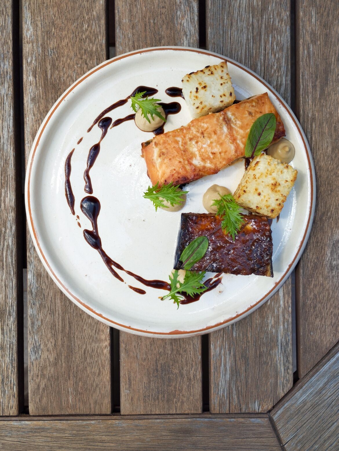 Miso salmon, crispy rice cubes, nasu dengaku aka miso glazed eggplant, eggplant purée and soy reduction, mizuna and sorrel.