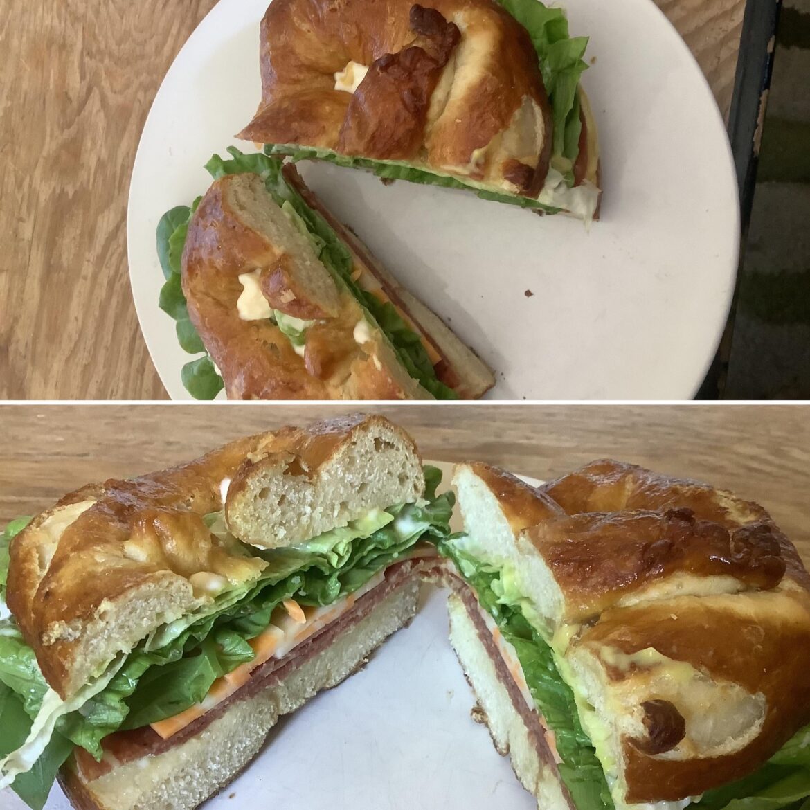 Homemade soft pretzel with German salami, marble cheddar, basil, lettuce mayo & honey mustard