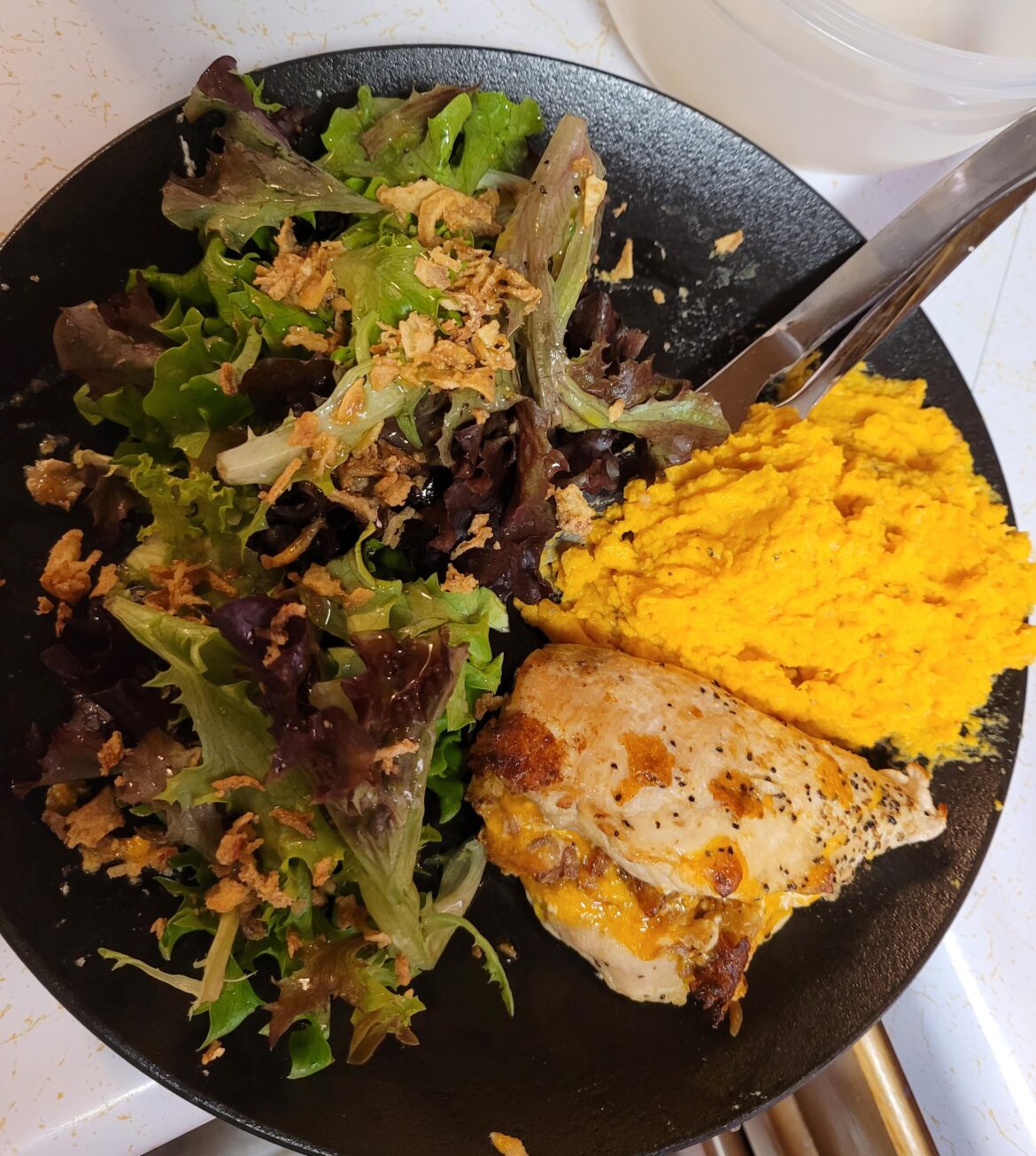 My first hello fresh meal, cheese stuffed chicken, with mashed sweet potatoes and a simple vinegette salad