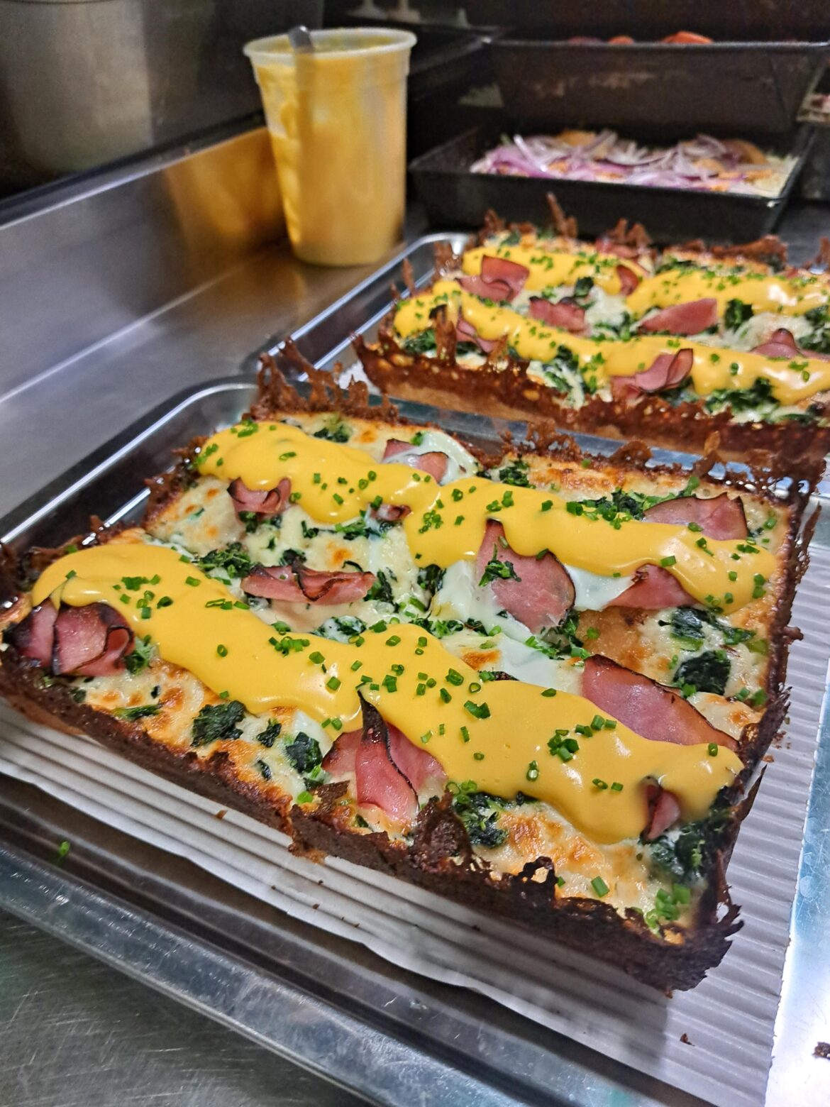 Ham, egg, spinach, Hollandaise. Detroit style