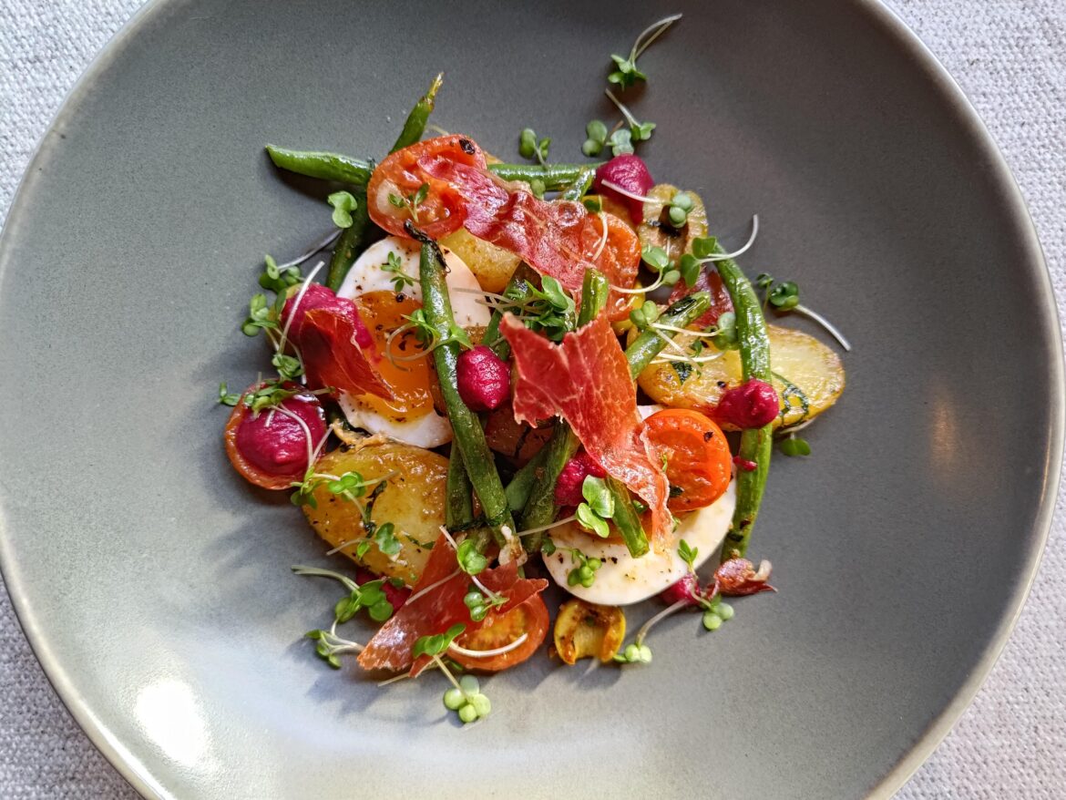 Nicoise salad with beetroot mousse