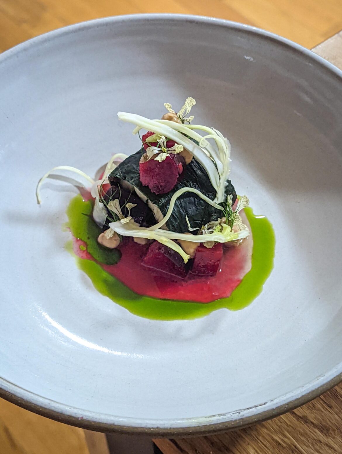 Catfish roulade with fermented plums, fennel salad, and fennel frawns (homemade)