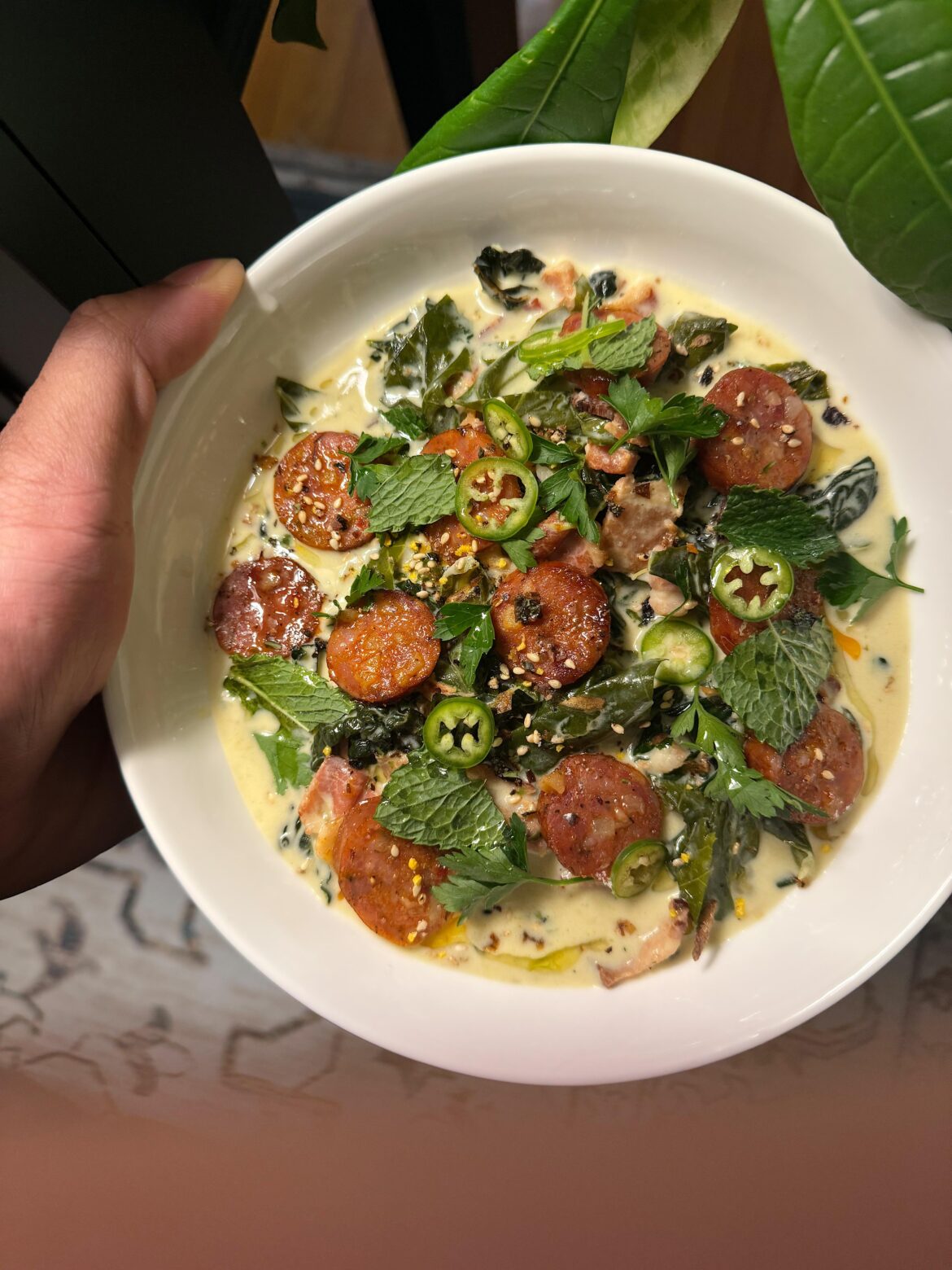Creamed collards, sausage, coconut milk, benne seeds