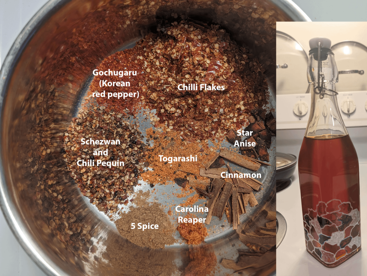 Homemade spicy chili oil, before and after.