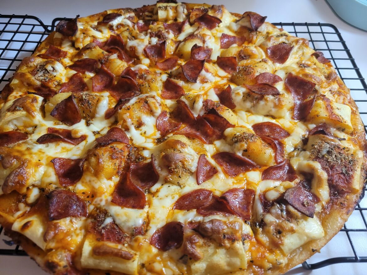 Gnocchi, cannelloni and Pepperoni on a sourdough crust.