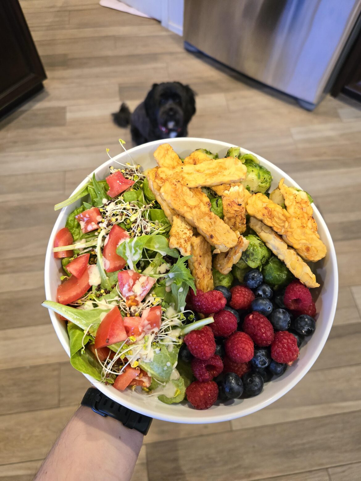 Tempeh always hits (feat. Roasted brussel sprouts, salad, and berries) 470 cal, 32g protein