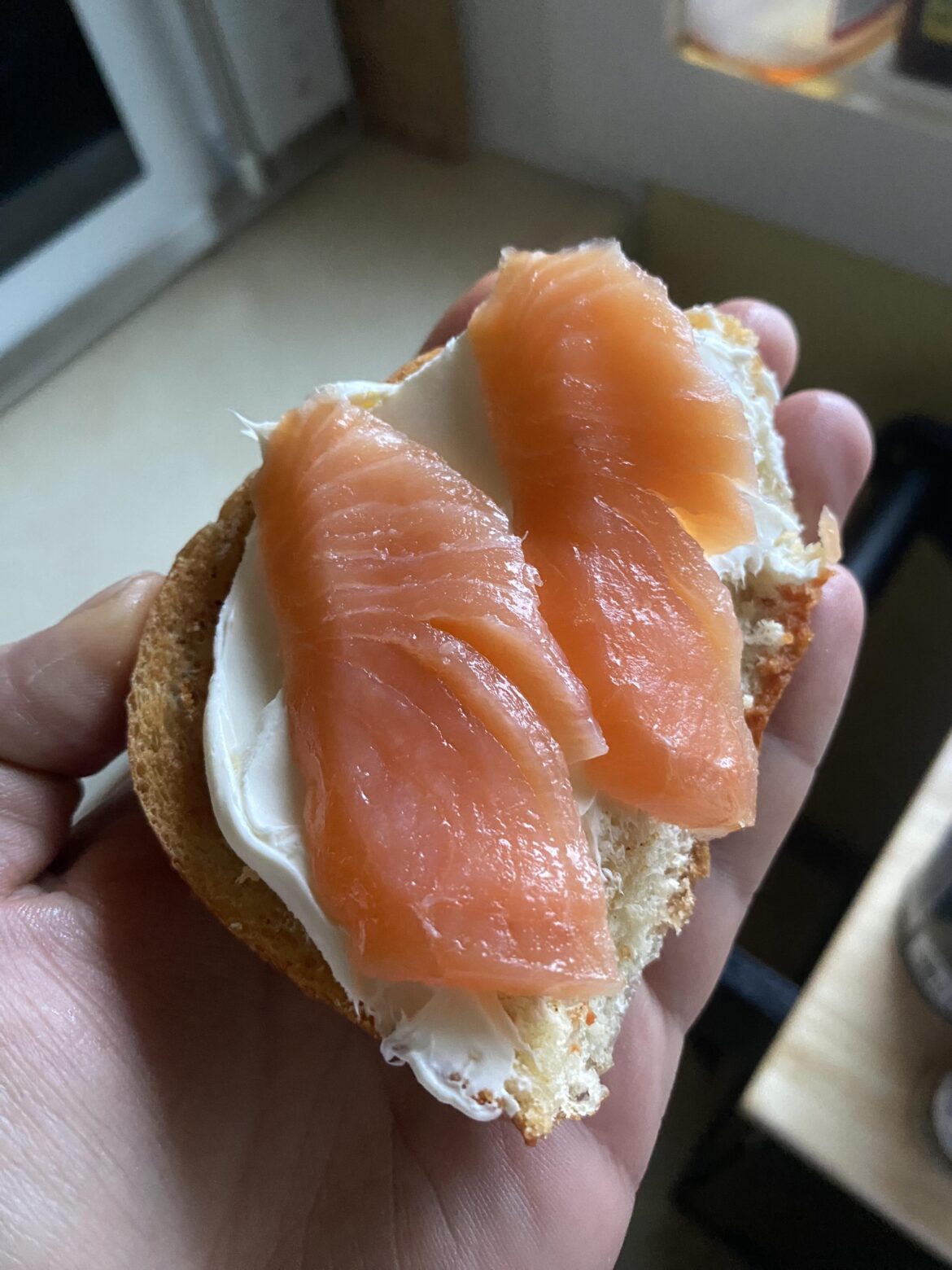 Left over garlic bread with cream cheese and lox.