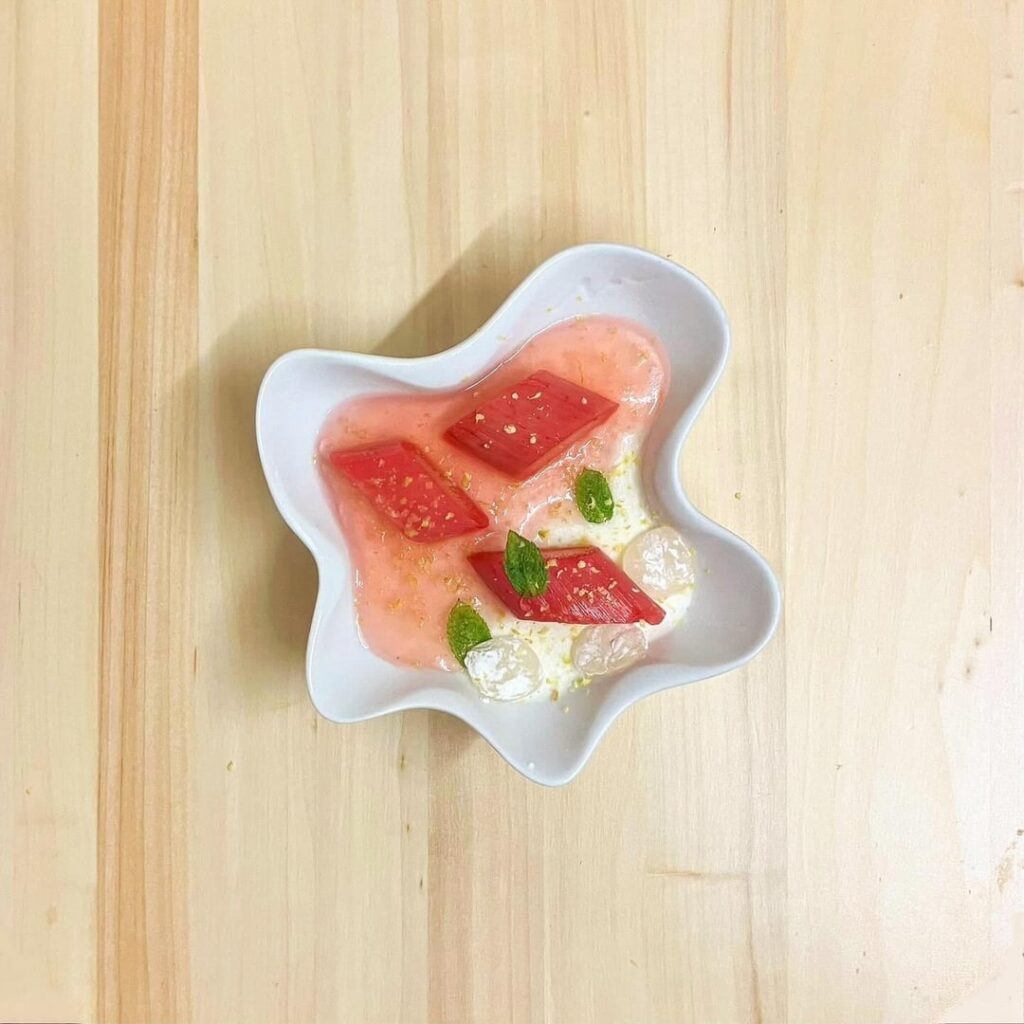 Greek Yogurt Panna Cotta, Poached Rhubarb, Turkish Delight, Grated Pistachio