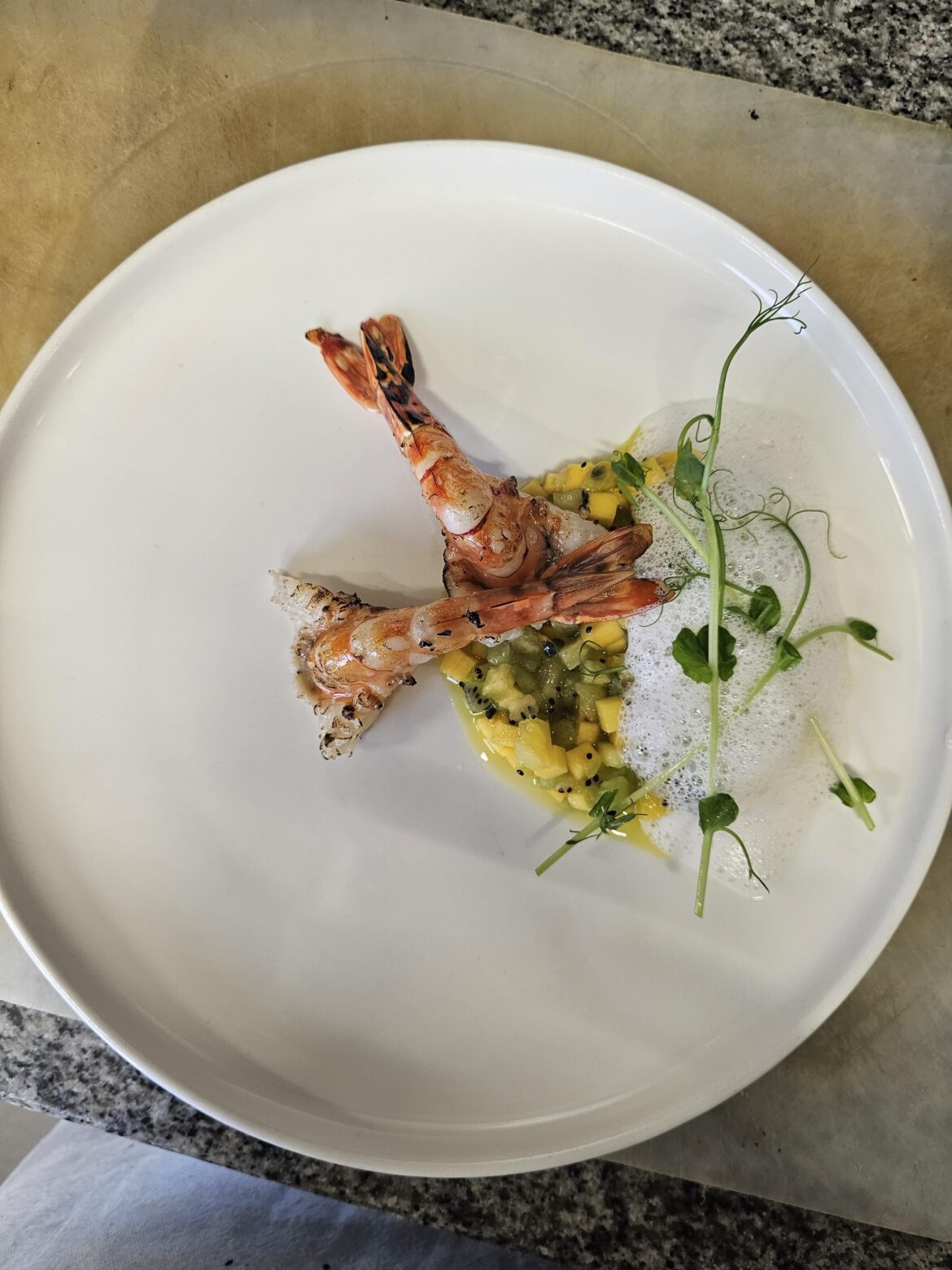 Torched Gambas, Exotic Fruit tartar, Coconut Emulsion