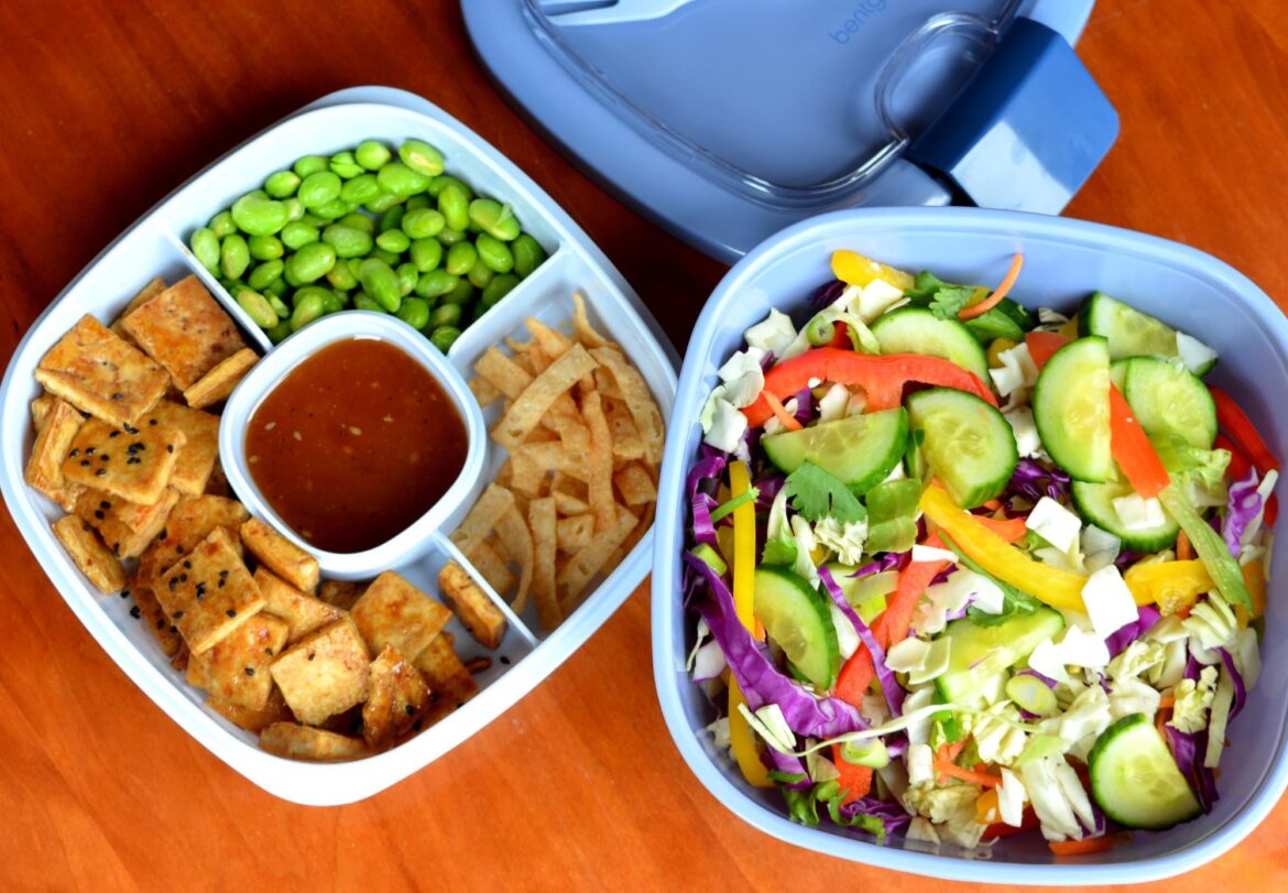 (36.5 g protein, 425 cal) Asian salad with wonton strips and high protein toppings.